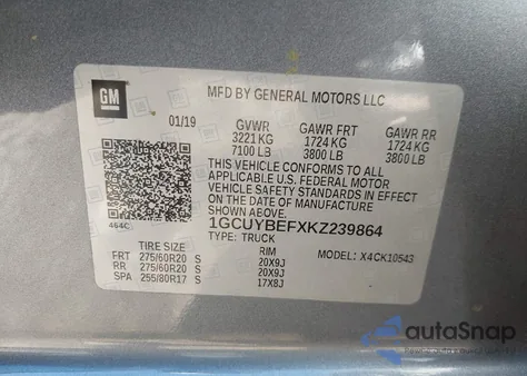 2019 Chevrolet Silverado 1500 Custom from USA, damaged, VIN 1GCUYBEFXKZ239864